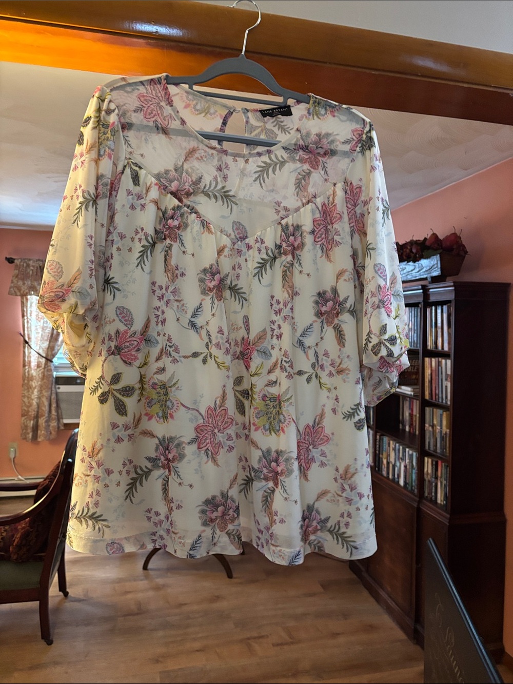 Lane Bryant Cream Floral Sheer-Yoke Blouse with Pink & Green Print
